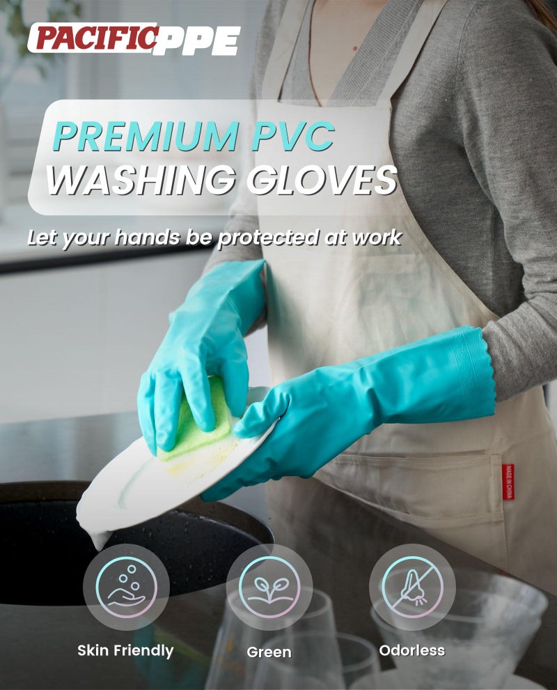 PACIFIC PPE 2 Pairs Reusable Dishwashing Cleaning Gloves with Latex Free, Cotton Lining, Kitchen Gloves, Green, Large - Image 2